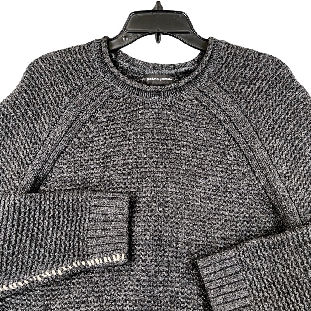prAna Merino Wool Blend Sweater Womens L Charcoal Waffle Knit Whipstitch